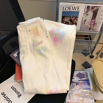 360Home Damen Gerade Weite Loose-Fit Tie-Dye Jeans Weiß